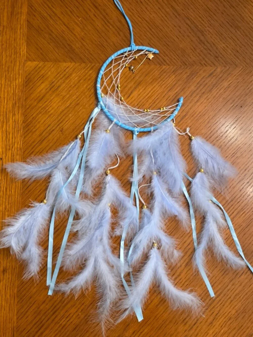 Crescent Moon Dreamcatcher Light Blue with White Feathers Gold Beads Star Charms